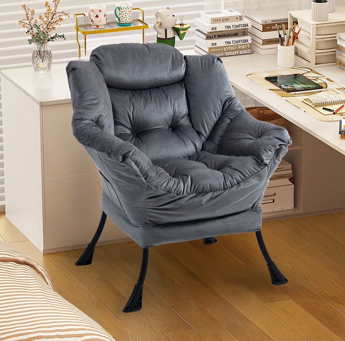 MIVRAY Relaxfauteuil Donkergrijs - Metalen Frame En Zijdvak - Voor Woonkamer, Balkon En Tuin - Velvet - Donkergrijs