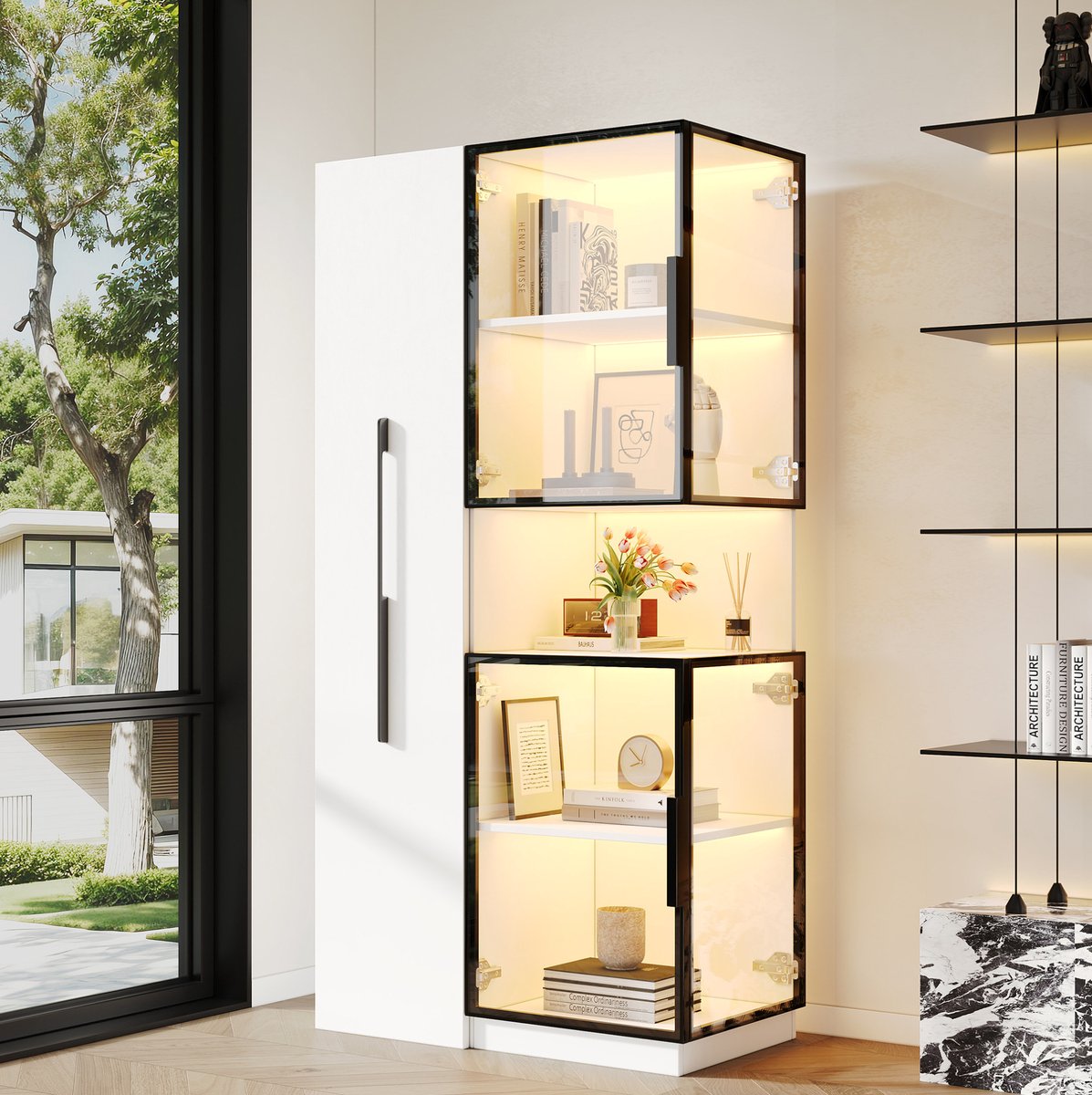 Wishdor - Vitrinekast - Dubbel glasdesign met LED verlichting en uitschuifbare zijrekken - Modern - Woonkamer of eetkamer - Houtlook en glas - Wit - 70 x 38 x 160 cm