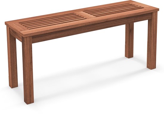 Houten tuinbank zonder rugleuning met een slatted zitting en vierkante poten.