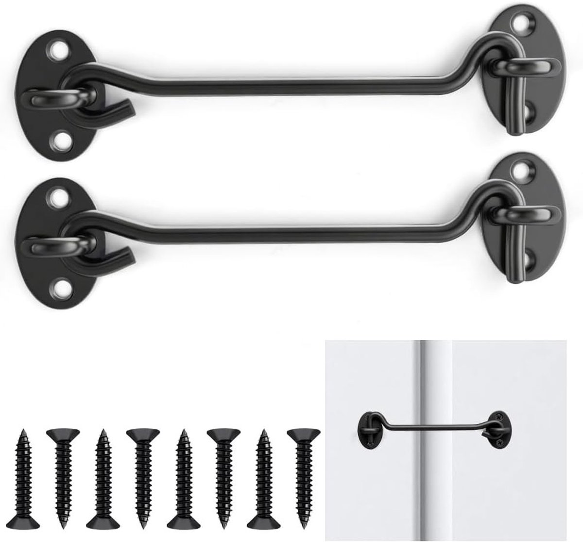 Set van 2 RVS Deursluitingen met Haak en Oog, 6.1 Inch, Inclusief 8 Bevestigingsschroeven, Ideaal voor Buiten en Cabin Gebruik