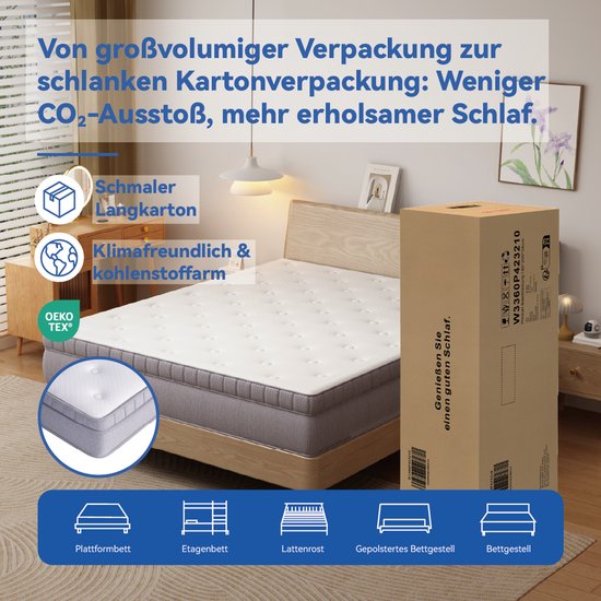 Matras 140x200 cm – 7-zones pocketvering met comfortschuim – H3 – 25 cm hoog – OEKO-TEX – Antiekwit