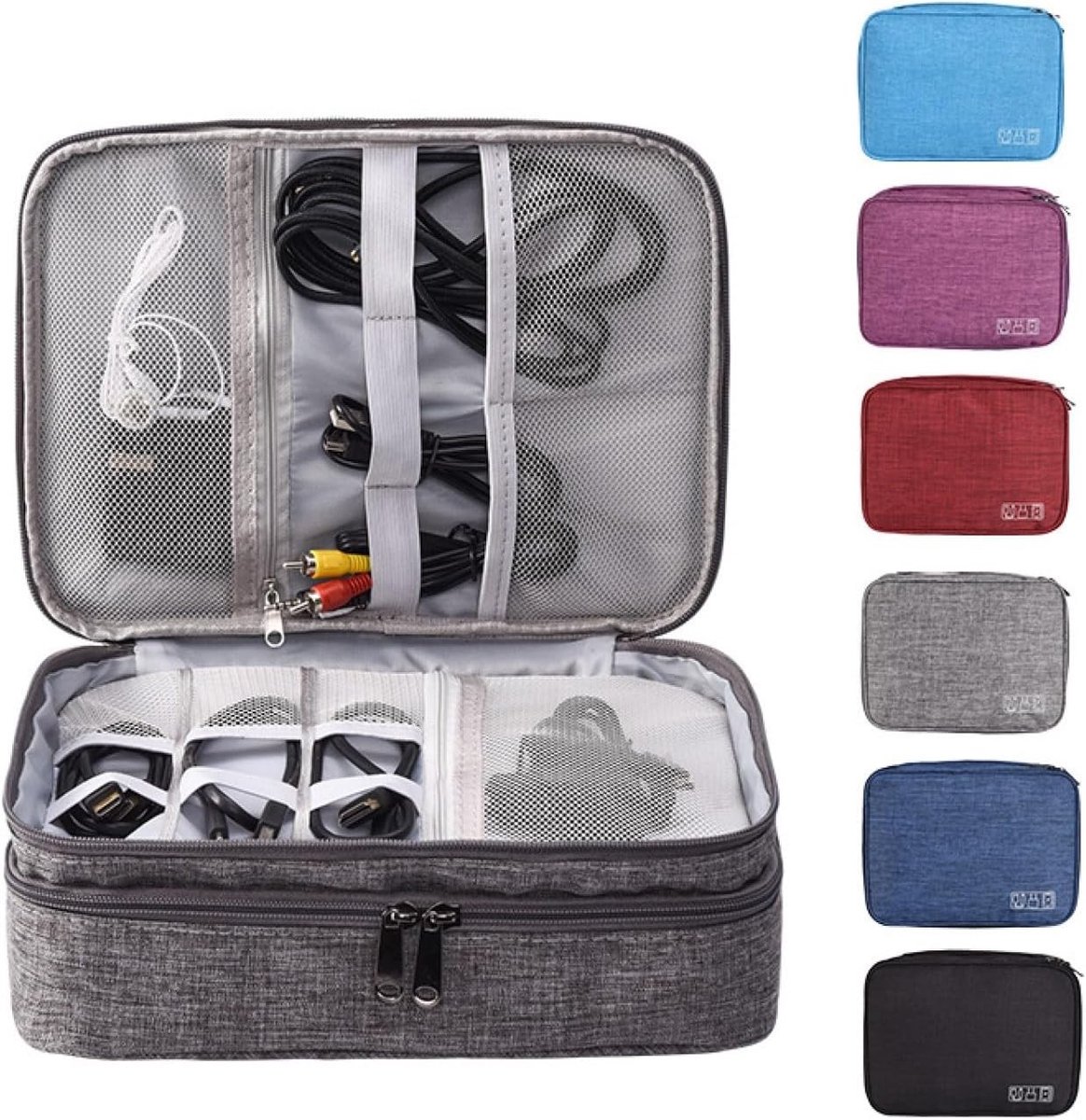 Multi-functionele organizer voor kabels en elektronica, 3-laags tas voor camera, oplader en accessoires, ideaal voor reizen, grijs