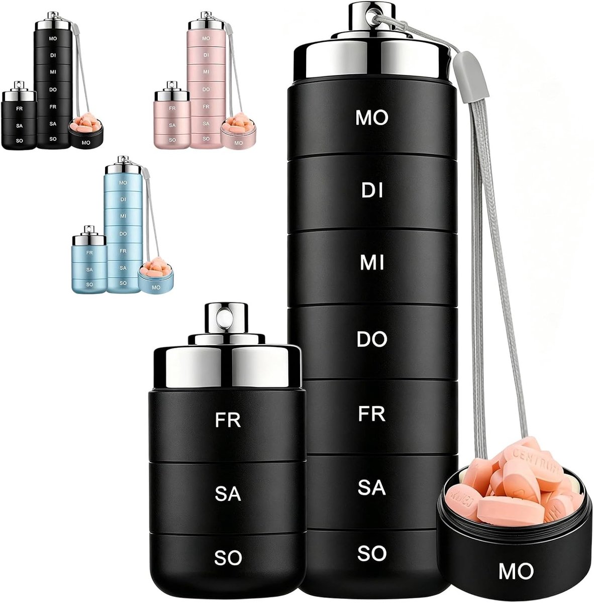 Tablettenbox voor 7 dagen, waterdichte pillendoos met draaisluiting, ideale medicijnoplossing voor reizen en outdoor activiteiten, aluminium en stapelbaar (zwart)