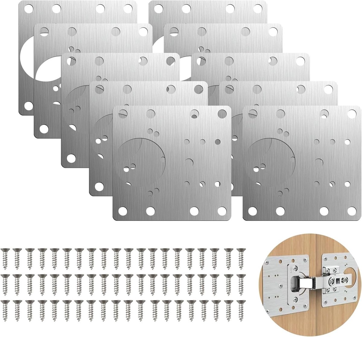 Scharnierreparatieplaten 9 x 9 cm, roestvrij staal, 10 stuks met 60 schroeven voor kastdeuren en boekenplanken reparatie
