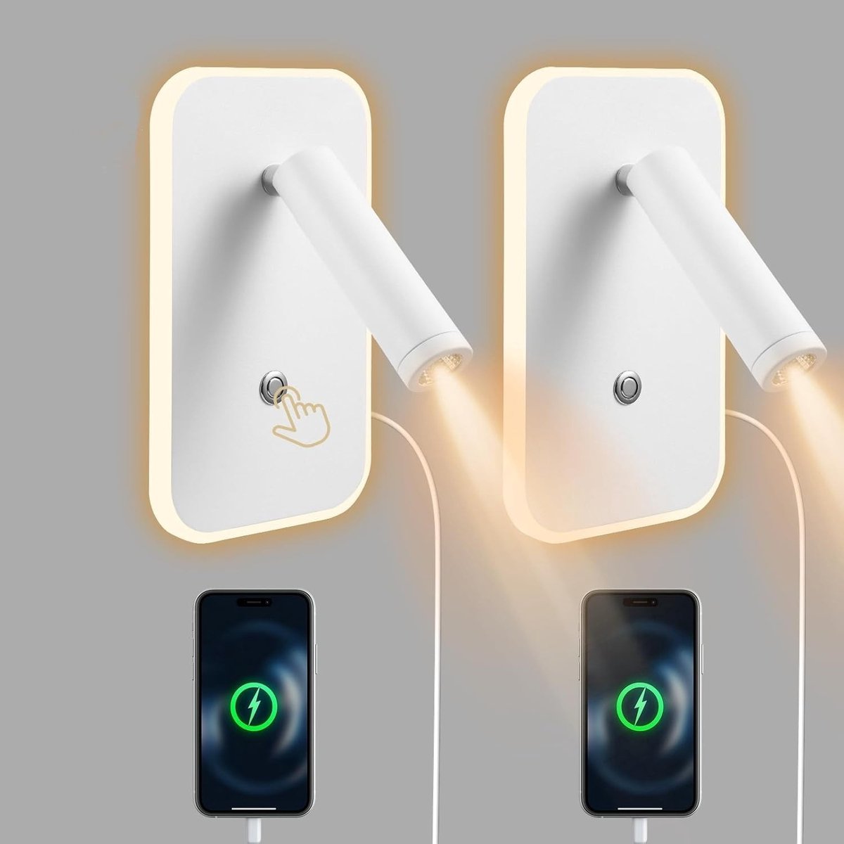 Bedlamp - Wit - Dimbare Wandlamp - USB-oplaadpoort - Voor Slaapkamer en Woonkamer