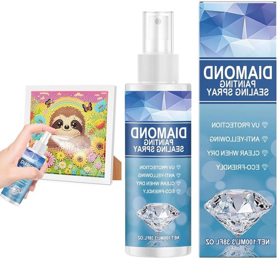 Une main pulvérise un spray de scellement sur une peinture diamantée d'un paresseux avec des tournesols.
