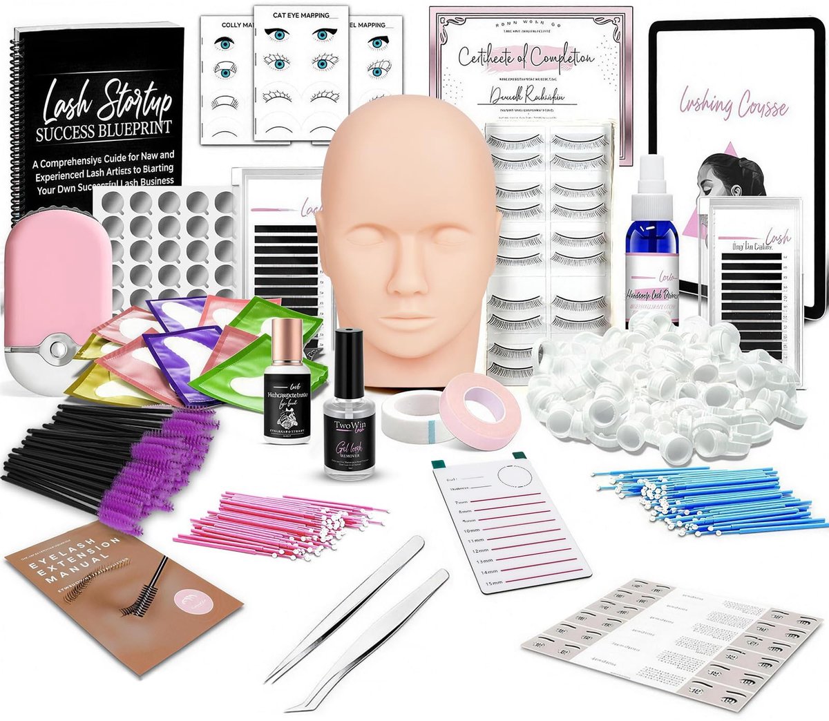 SnelShoppen - Wimperverlengingskit, Alles-in-één Lash Extension Kit met Mannequin Hoofd, USB Wimperventilator, Roze Wimperverlengingen voor Beginners