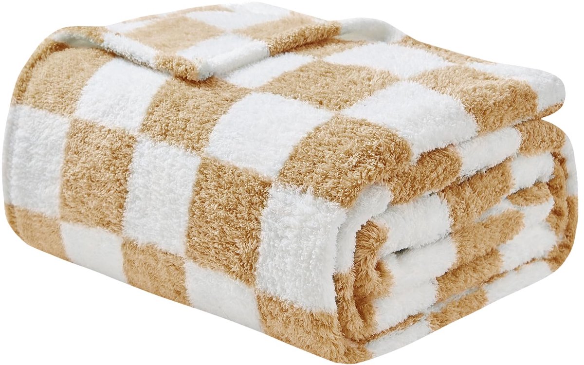 SnelShoppen - EMME Fleece Deken Plaid 200x230cm - Sherpa Flanellen Deken - Zachte Warme Geruite Dekens voor Bed, Bank, Sofa, Fauteuils, Picknick - Bei