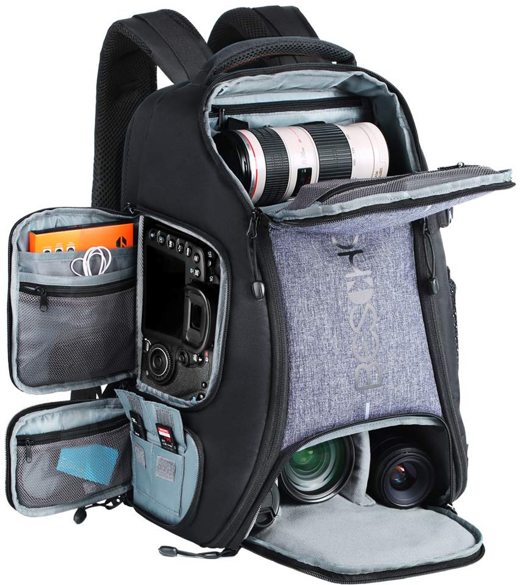 SnelShoppen - Waterdichte camera rugzak met grote capaciteit, statief riem, regenhoes, laptopvak voor spiegelreflexcamera, flitser, statieven, lenzen