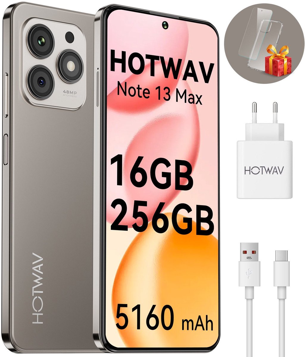 HOTWAV Note 13 Max - smartphones zonder abonnement - 256 GB - 5160 mAh - 4G Dual SIM - Face ID - GPS - Vingerafdrukherkenning - Goud