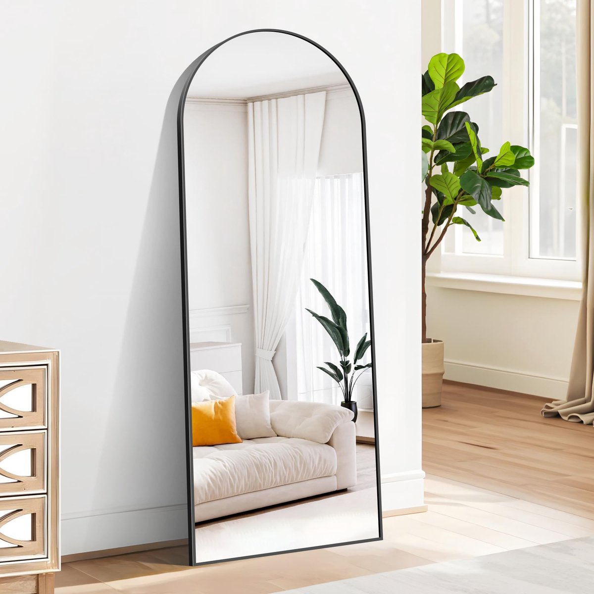SnelShoppen - Staande Spiegels 165x60 cm, Gebogen Volledige Lengte Zwart, Grote Vloer Wandspiegel met Stand, Full-body Spiegel voor Woonkamer, Slaapka
