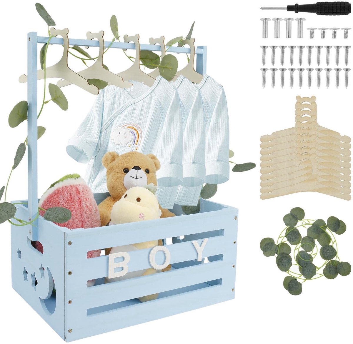 SnelShoppen - Babymandje met handgreep - Houten Babyparty Kast - Praktische Houten Kist voor Babyparty - Wasmand voor Baby Shower - Blauw