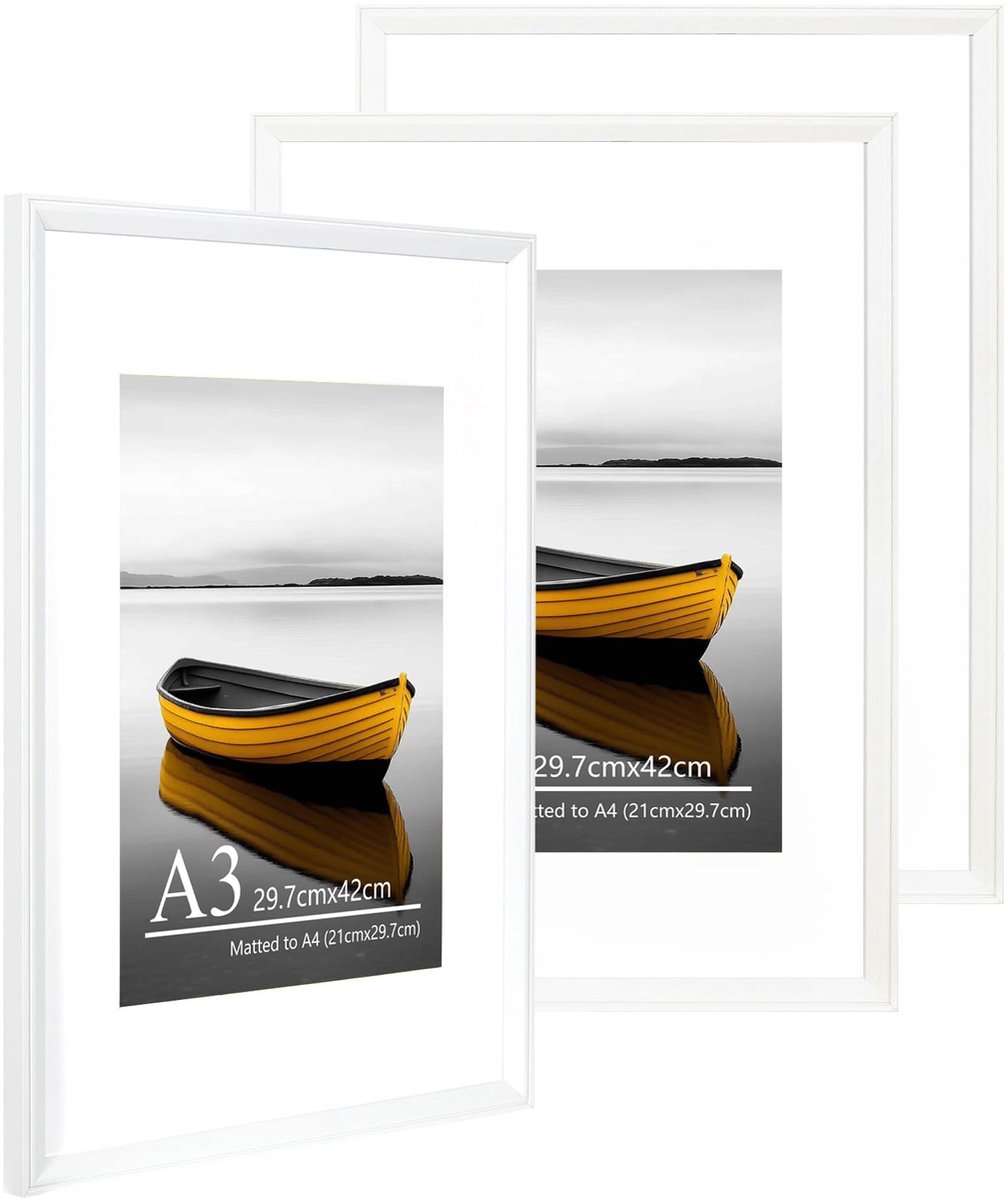 SnelShoppen - Set van 3 Witte Fotolijsten A3 met A4 Houder - Acrylglas Posterlijst - Certificaatlijst - Aan de Muur Bevestigen - Ideaal voor Thuis, Ka