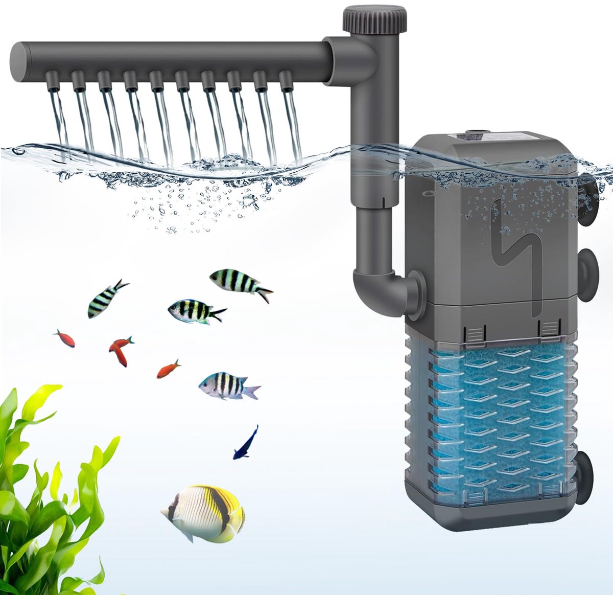 SnelShoppen - Infreecs Aquariumfilter 4-in-1 600 l/u, Stil Dompelfilter met Zuurstoftoevoer, Wavemaker en Filterspons voor Aquaria tot 150 l