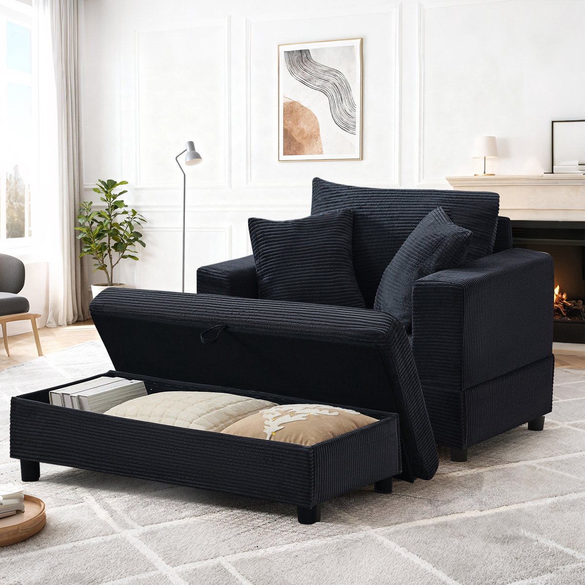 COVREO Chaise longue 107 x 74 x 57 cm – zwart, cordstof, met opbergruimte en 3 kussens