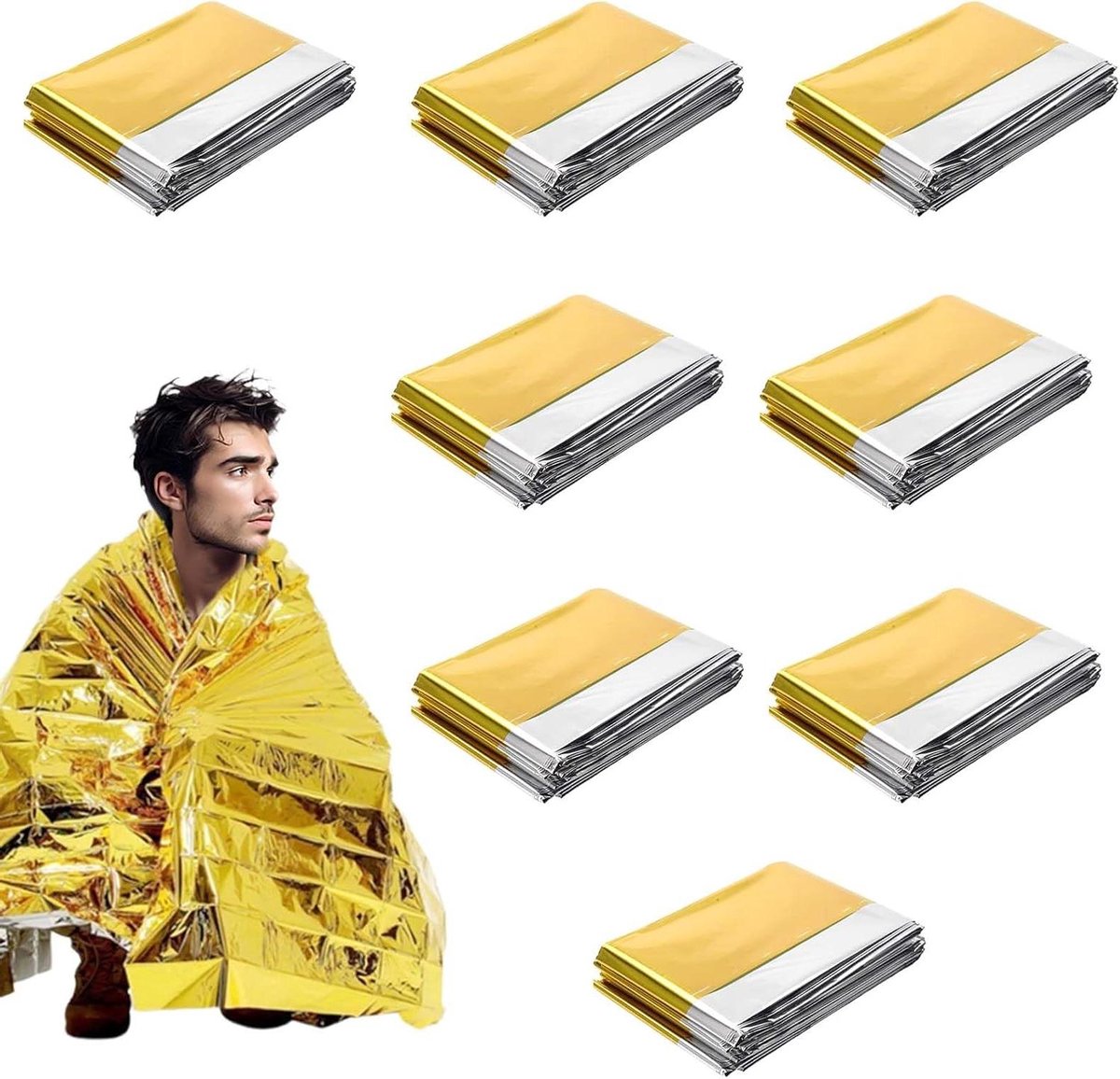 Overlevingsdeken 8-delig - Nooddeken thermisch - Outdoor Noodsituaties - Herbruikbaar waterdicht - 210 x 160 cm - Goud/Zilver