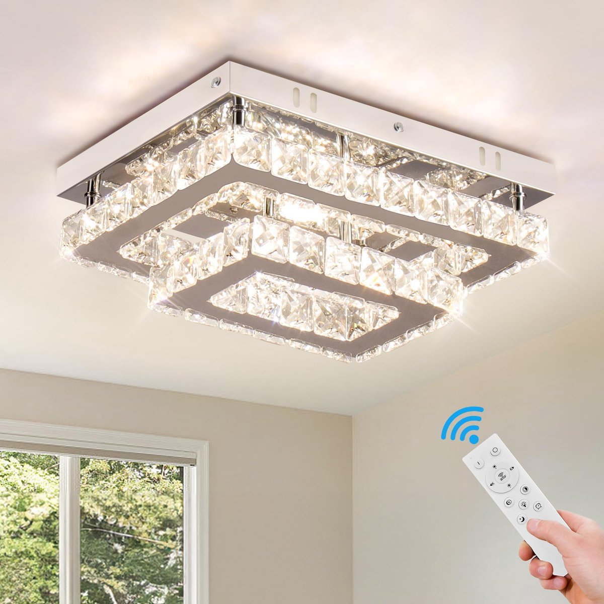 SnelShoppen - Moderne Dimbare LED Plafondlamp met Kristallen, Rechthoekig, K9, Roestvrij Staal voor Woonkamer, Slaapkamer, Eetkamer, Stijlvolle Verlic