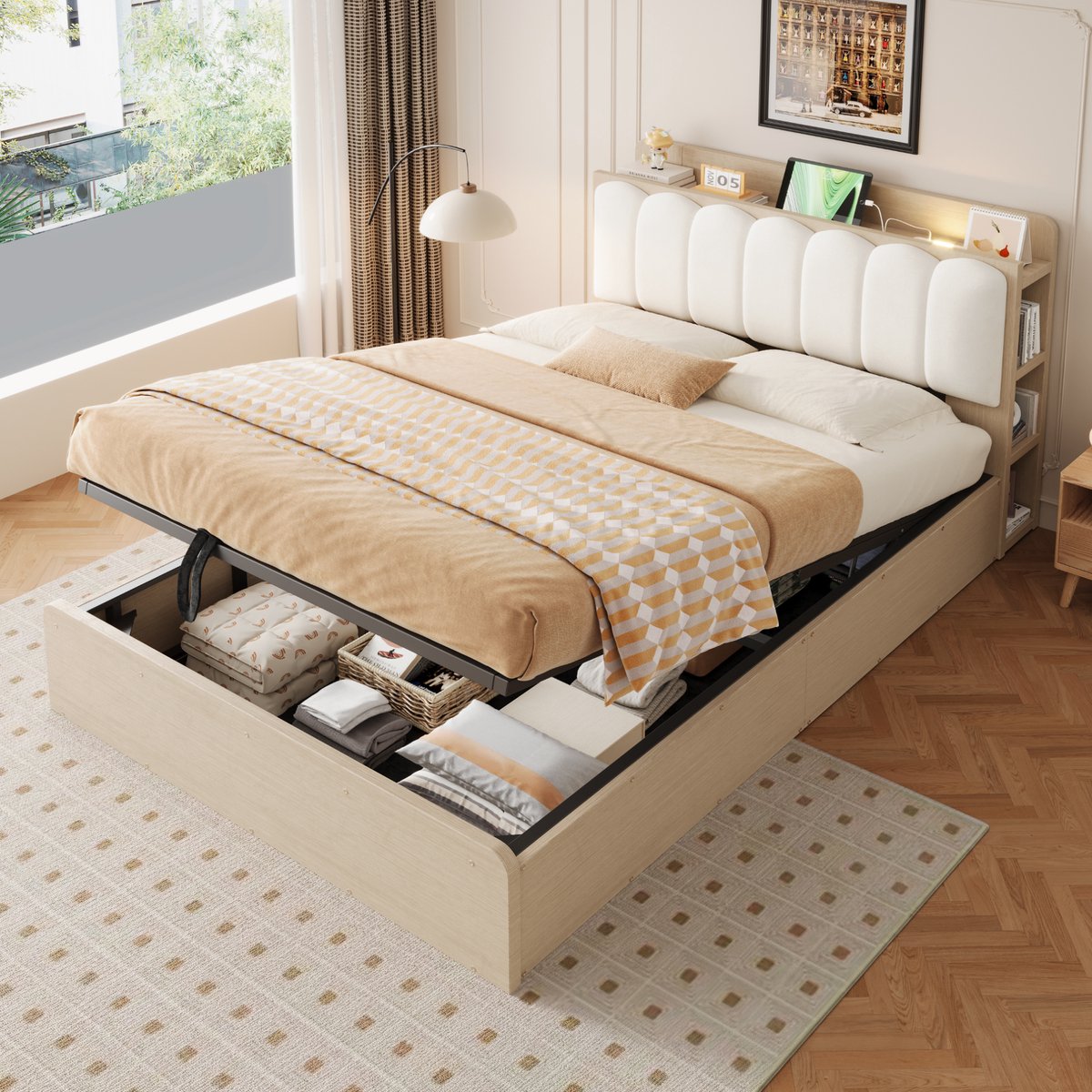 MODFU Bed - Hydraulische Opbergruimte - Modern - Hout En MDF - Houtkleur - 140 X 200 Cm