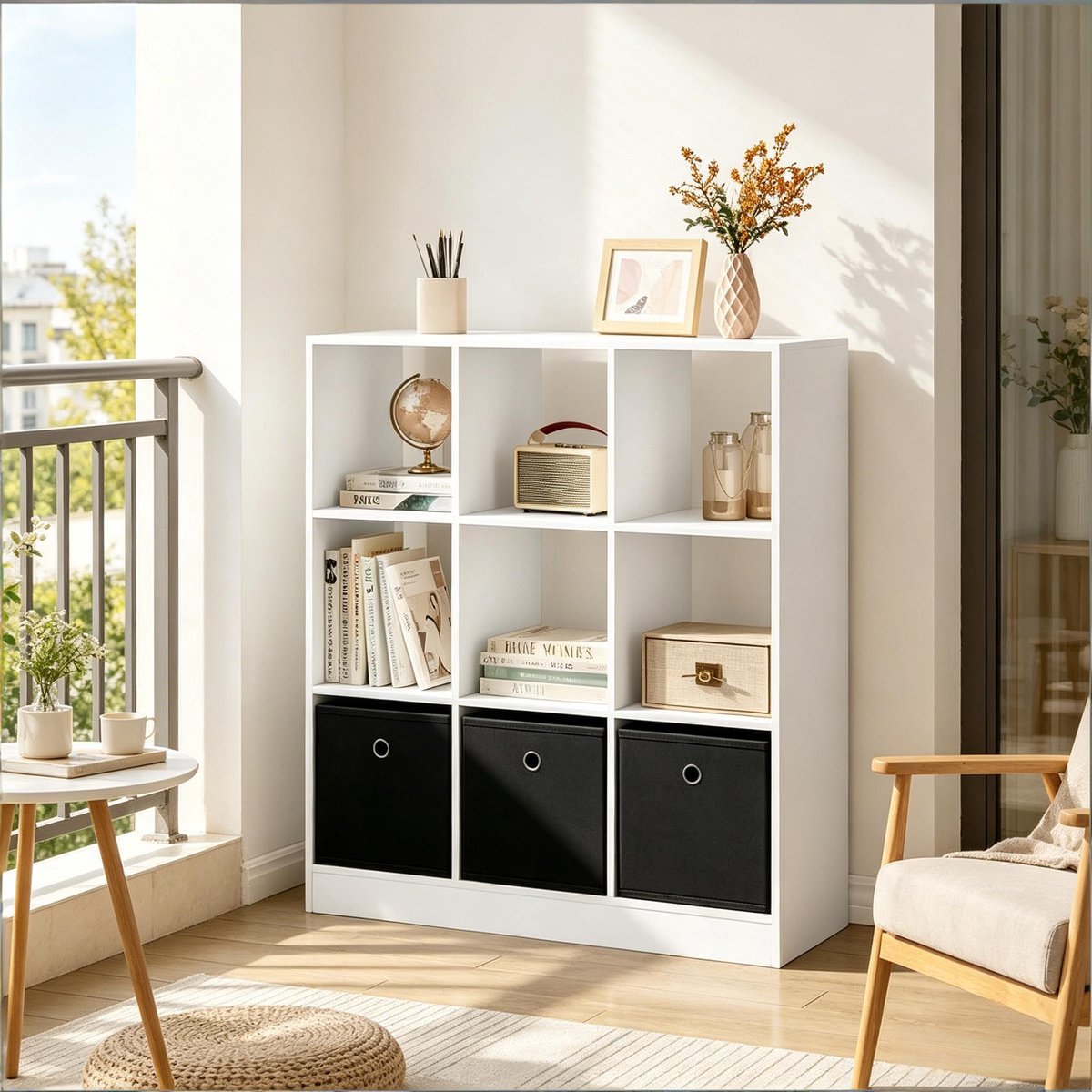 FloraGrace Boekenkast – 80 x 86,5 x 30 cm – Met 3 Stoffen Lades – Hout Met Melamine En Stof – Wit Zwart – Open Opbergkast Voor Woonkamer Of Kantoor