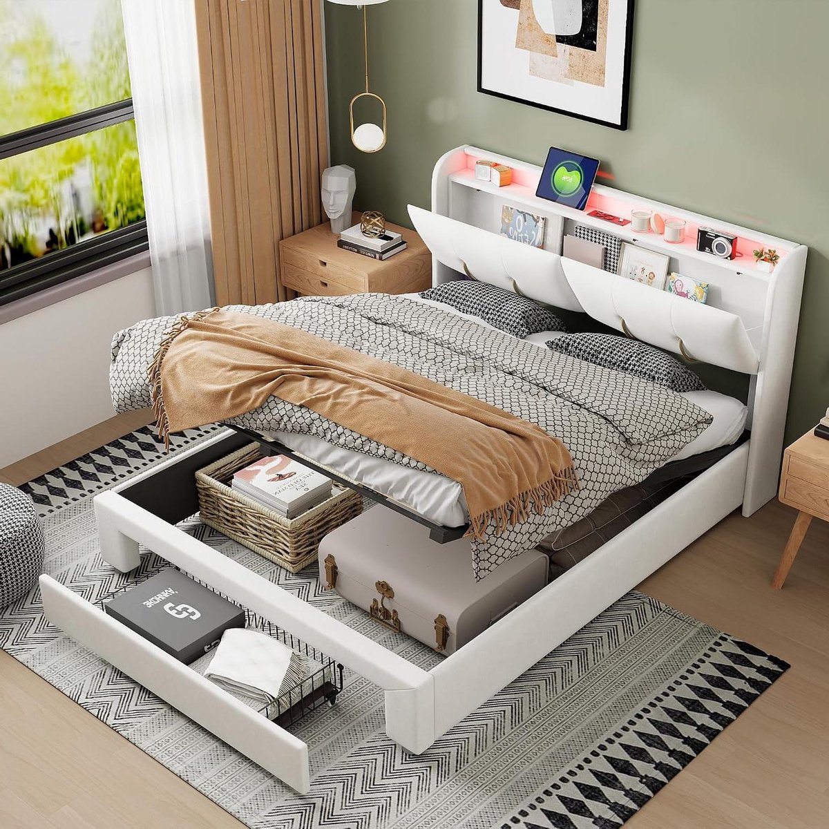 Gestoffeerd Bed - Tweepersoonsbed Kofferbed - Slaapkamer Inrichten - Met Ledverlichting en USB - 140 x 200 cm - Beige Wit