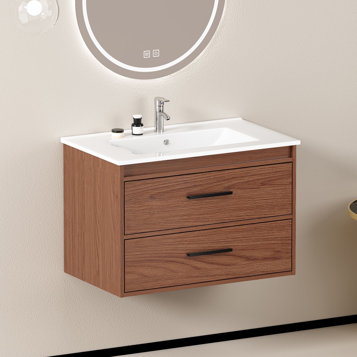 MIVRAY Badkamerkast – 76 x 46,5 x 52 cm – 2 Laden – MDF – Roodbruin – Ruimtebesparende Opb