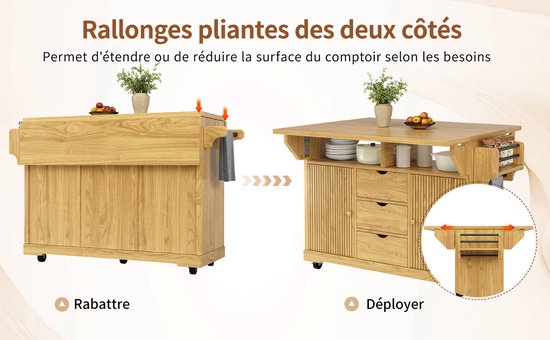 OKWISH Keukeneiland - Met Uitklapbare Zijtafels En 3 Lades - Verrijdbaar Voor Keuken En Terras - MDF Bruin - 142,5 x 80 x 95 cm van okwish — afbeelding 2