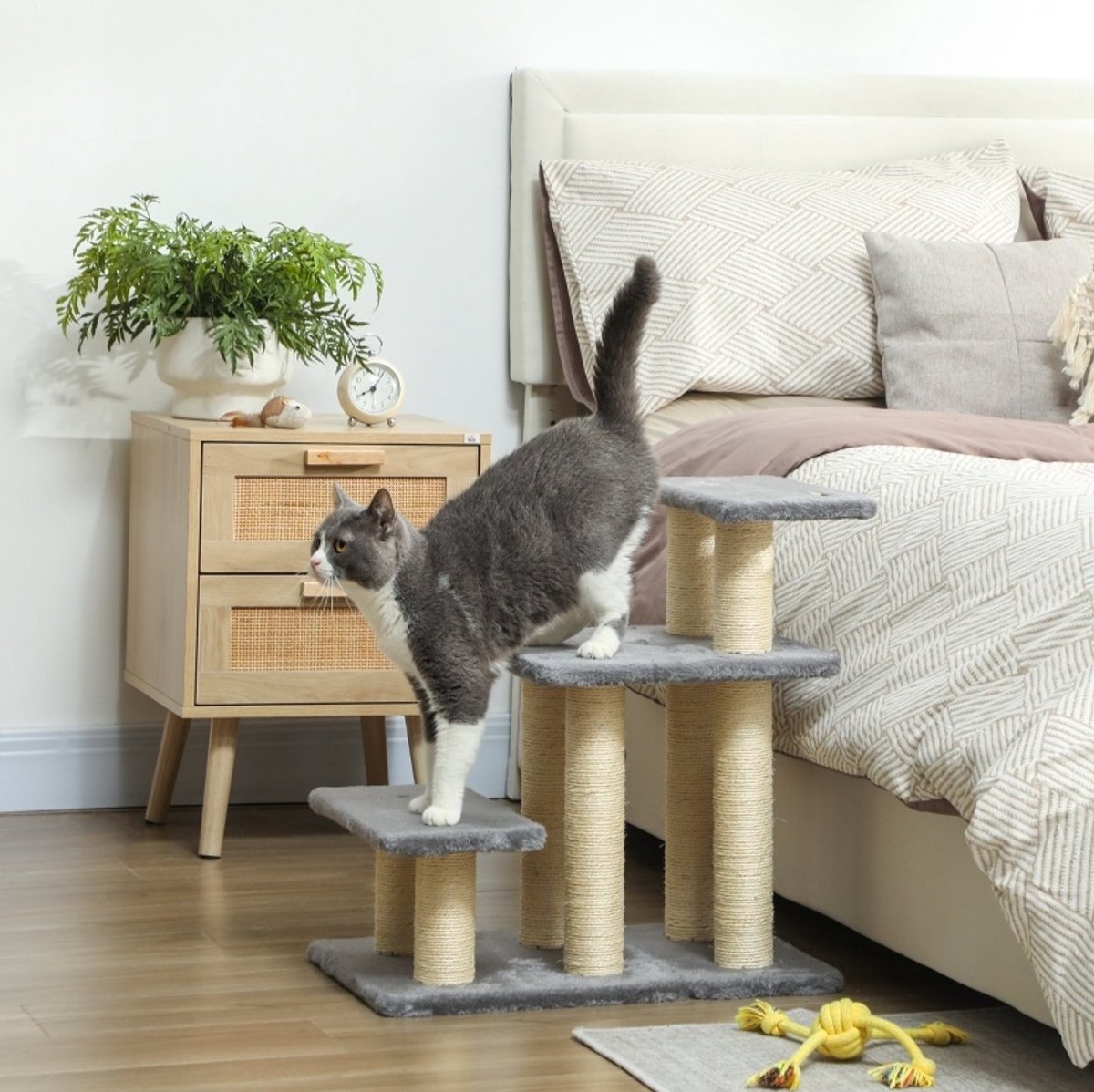 Dieren Trap 3 Treden 54 Cm Hoog – Sisal En Pluche – Grijs – Voor Katten En Kleine Honden Bij Bed En Bank