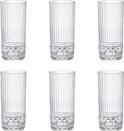 Set van zes lege longdrinkglazen met verticale ribbels en een diamantpatroon aan de onderkant.