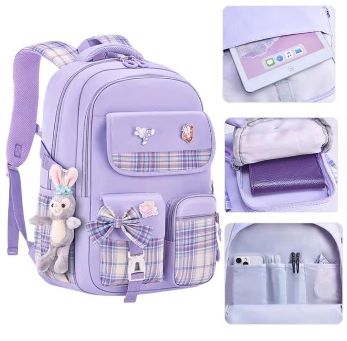 Livatto Schoolrugzak voor Meisjes - Lichtpaars Geruit - 44 cm - Met Konijntjes Sleutelhanger