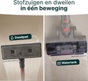 Collage van stofzuigeronderdelen: dweilpad, watertank en stofzuigerkop met 'GreenEye™ BRUSH'.