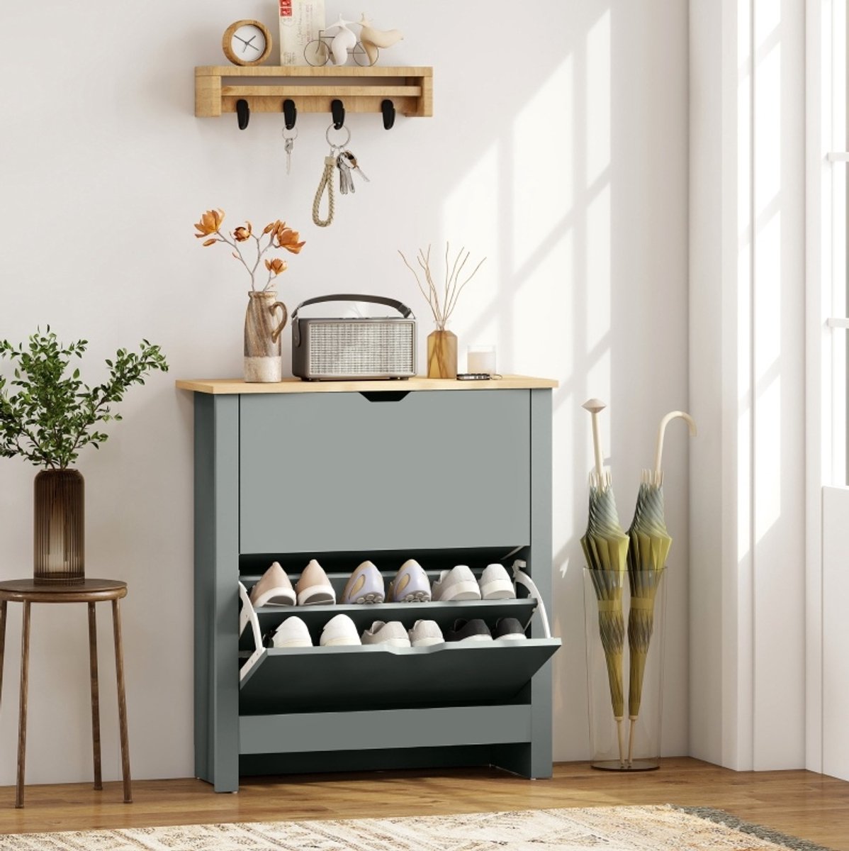 OKWISH Schoenenkast - 2 Klappen - Staand - Voor 8 Tot 12 Paar Schoenen - Lichtgrijs - Houtlook Bovenblad - 72 x 26 x 80 cm