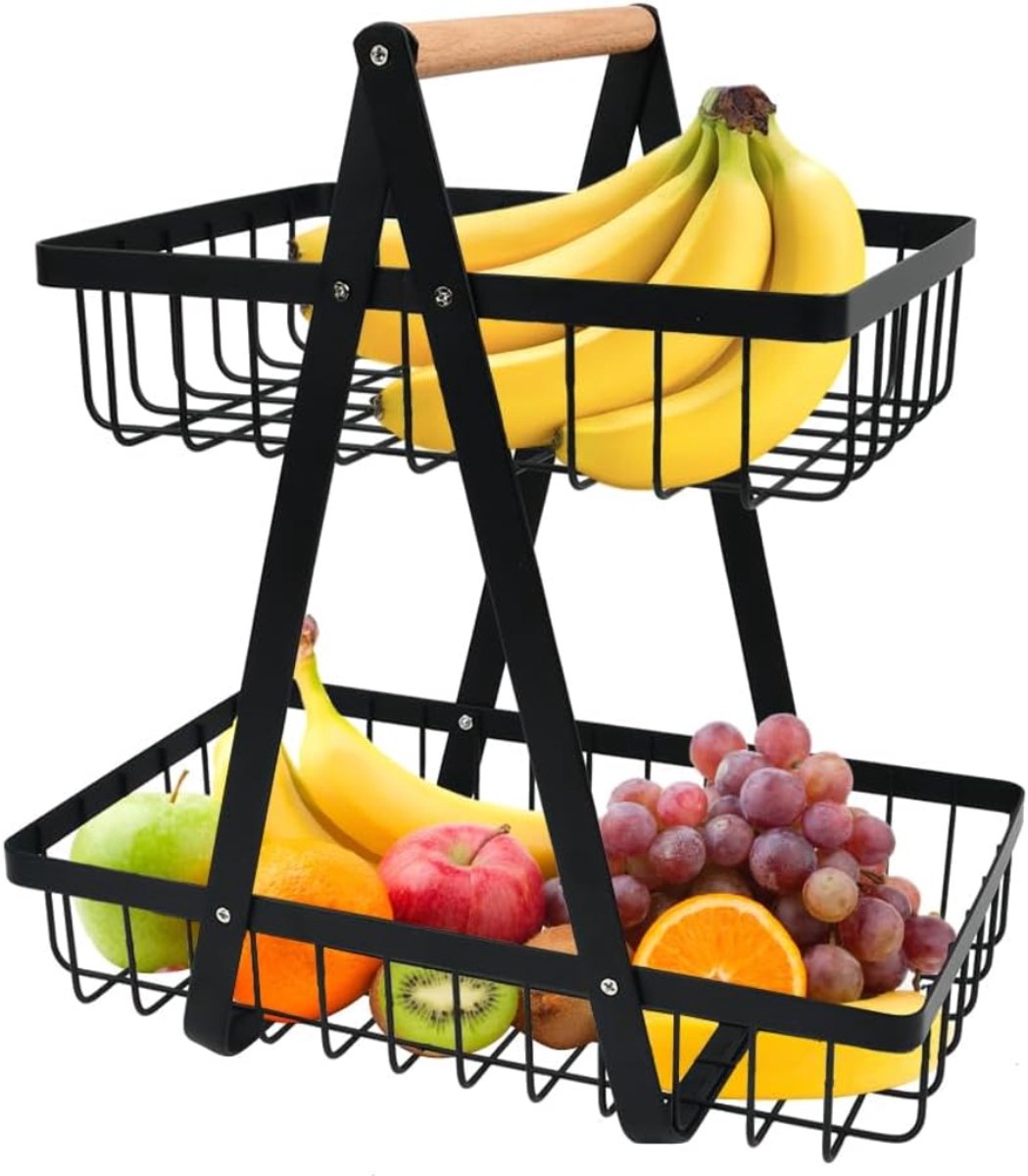 Ploutos® Fruitschaal - Fruitmand Met 2 Lagen Van Eagere - Metalen Zwarte Fruitschalen - Zwart - 32cm x 30cm x 18cm