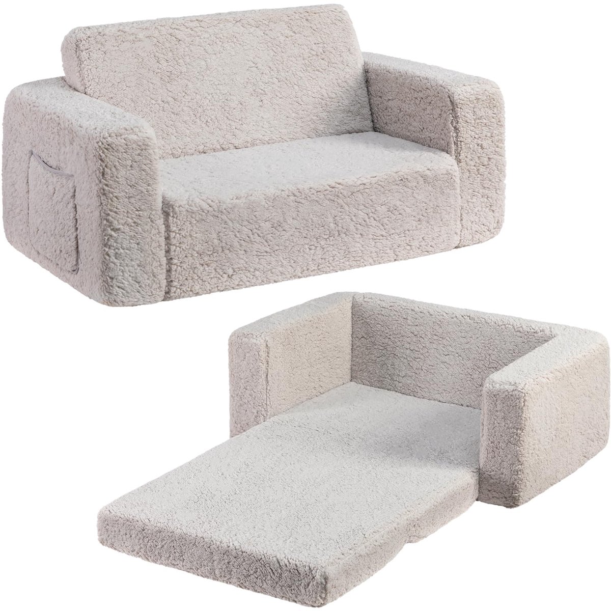 Dailygoods- Kinderslaapbank Extra Brede 2-in-1 - Uitklapbaar Peuterbed - Zachte Sherpa Bank - Lichtgrijs - Comfortabel Dutjekussen - Veilig voor Kinderen