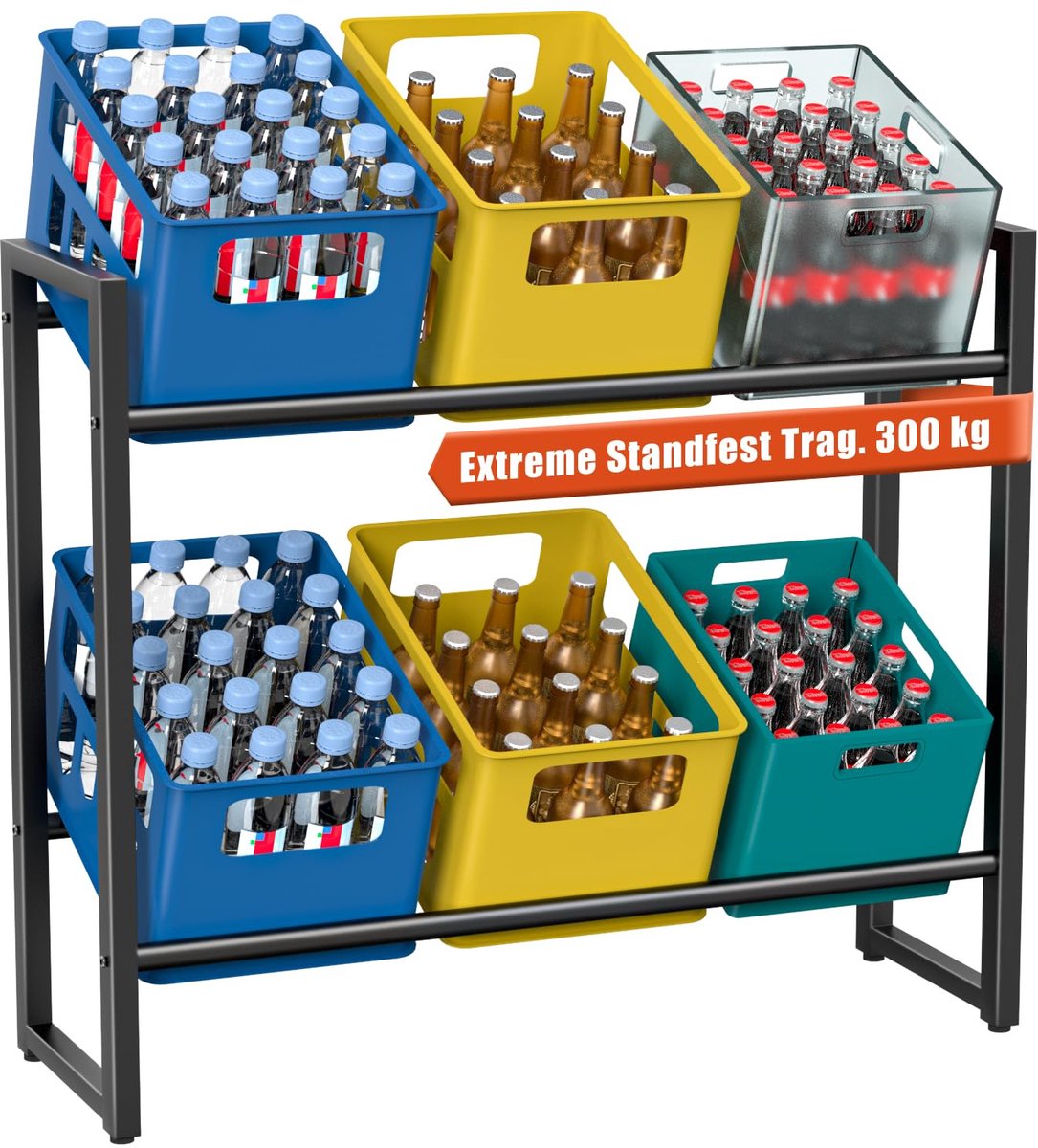 Dailygoods- Drankrattenrek voor 6 kratten - Draagvermogen 300 kg - Metalen Kratrek - Verstelbare Voeten - Hoogwaardig Staal - Eenvoudig te Monteren - Krattenrek