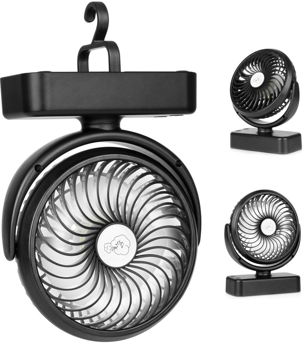 SnelShoppen - Draagbare Campingventilator met LED Licht, Oplaadbare Tafelventilator, 40 Uur Gebruiksduur, Hangventilator met Ophanghaak voor Tent, Cam
