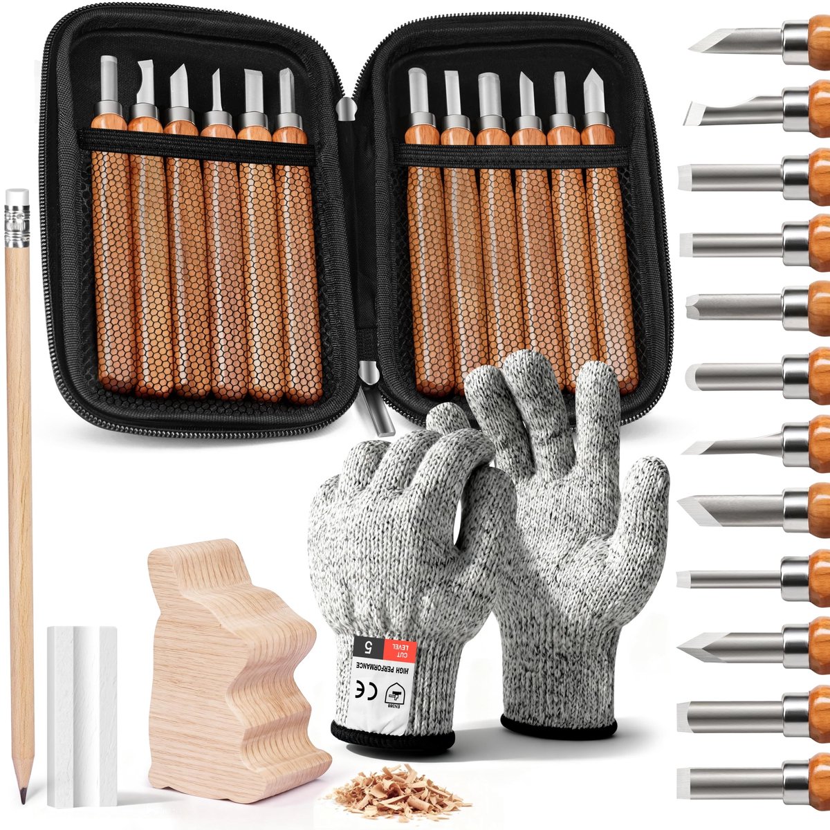 Dailygoods- Gubias 17 Stuks Set - Houtsnijset Beginners - Houtsnijmes - Lepelmes - Lindehout - Hoogwaardige Gravure