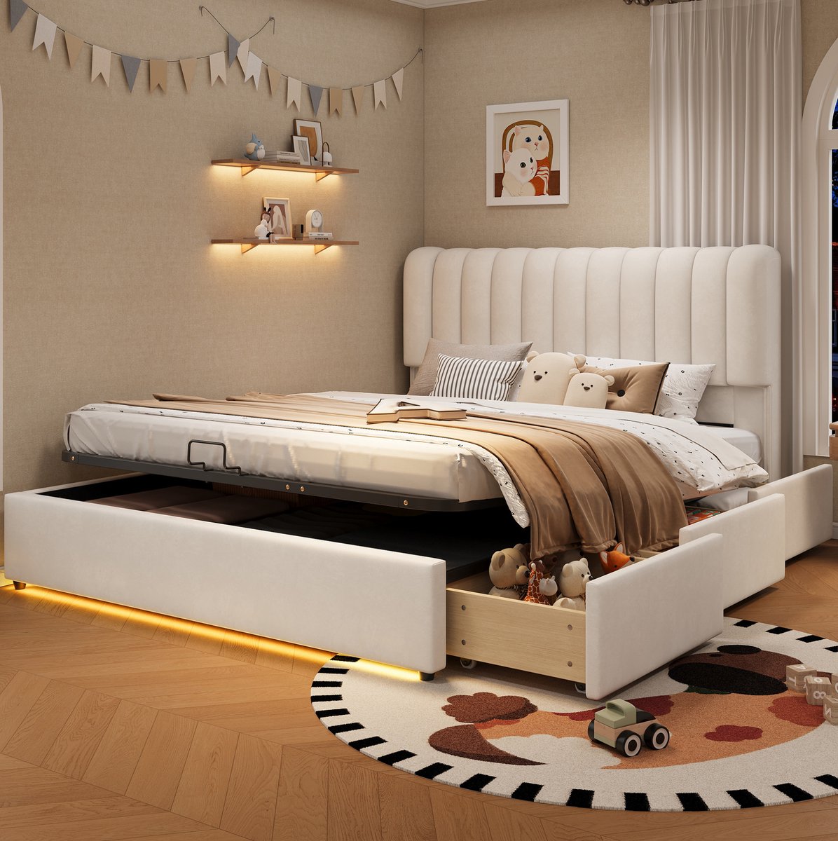 REDOM - Bed met opbergruimte - Gasdrukfeder hydraulisch opklapbaar - 3 lades - LED-verlichting - Zachte stoffering - Kinderkamer - Stof - Beige - 140 x 200 cm