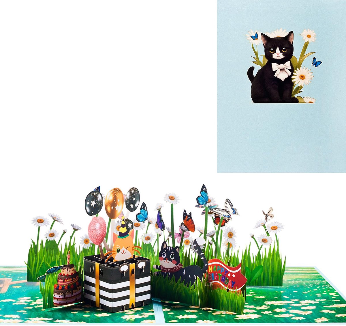 Dailygoods - 3D Verjaardagskaart met Kat en Vlinder - Unieke Pop-up Wenskaart