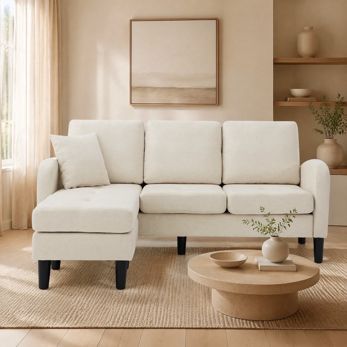 COVREO Hoekbank 166 x 118 x 77 cm - licht beige, modulaire chaiselongue, 3-zits