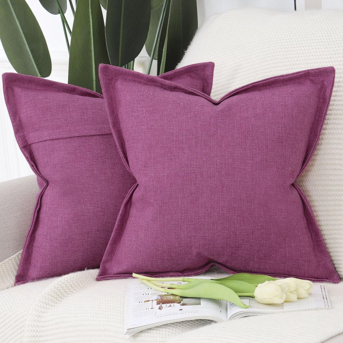 SnelShoppen - Set van 2 Imitatielinnen Kussenslopen 50x50 cm Fuchsia met Brede Rand - Zachte Decoratieve Kussenhoes voor Sofa en Slaapkamer