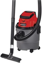 Aspirateur Einhell rouge et gris avec tuyau gris, tube métallique et buse turbo sur roulettes.