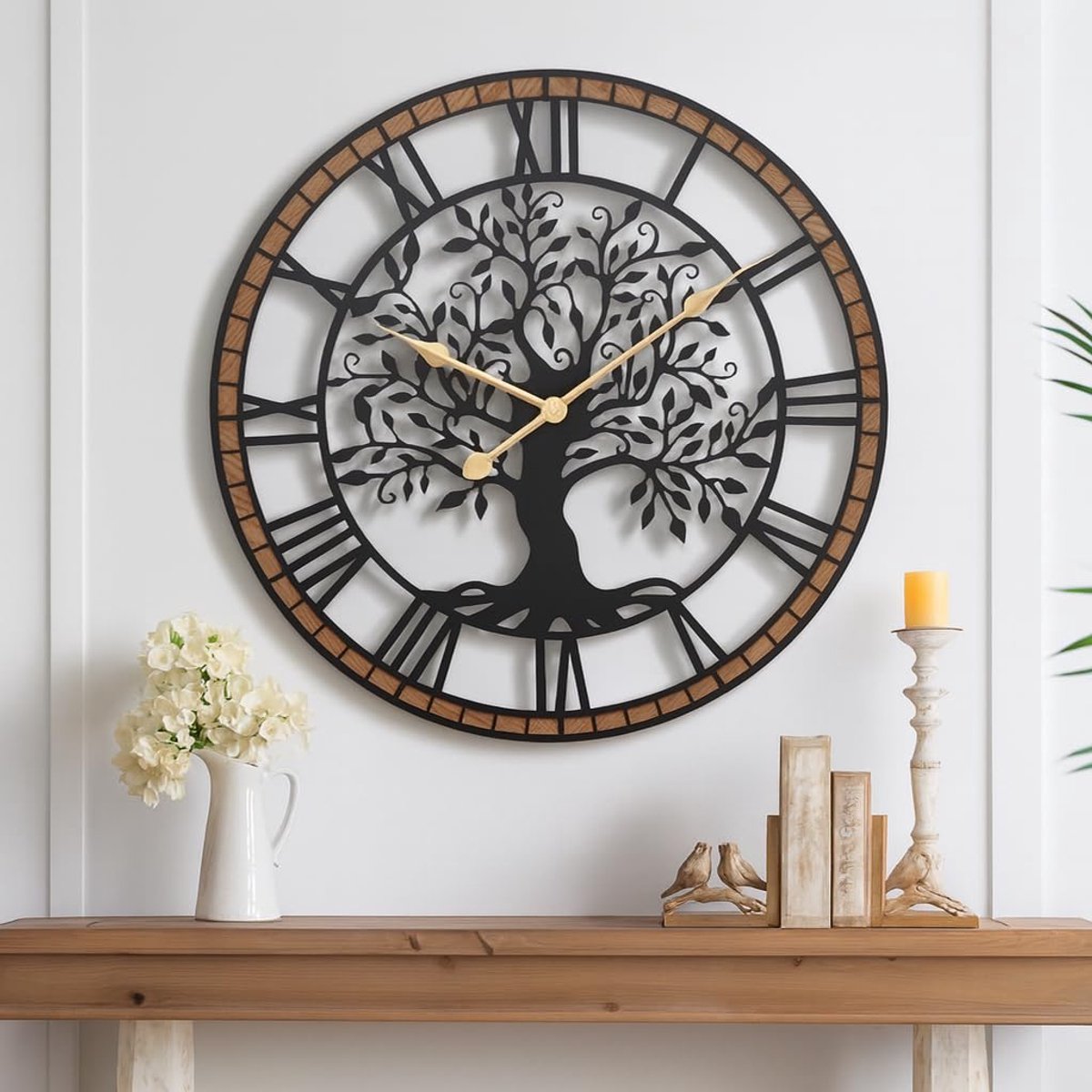 SnelShoppen - Grote wandklok met levensboom 60 cm, metalen en houten wandklok, stil kwartsuurwerk, niet-tikkende klok op batterijen voor woonkamer, sl
