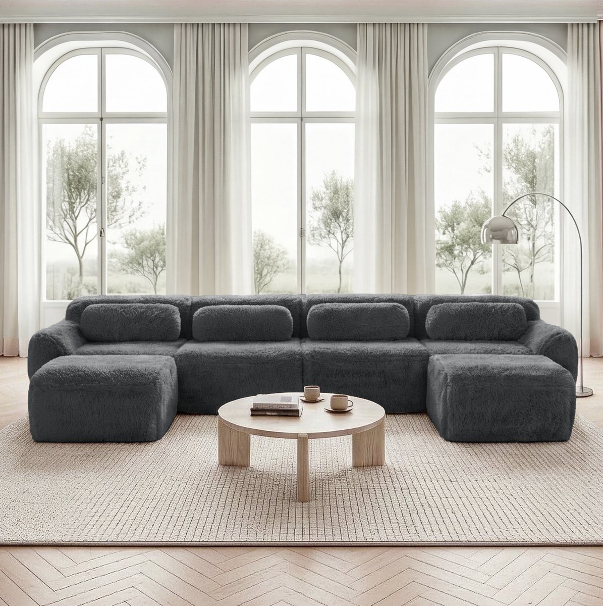 COVREO U-bank 378 x 179 x 73 cm - grijs pluche, modulair, 4-zits, zonder montage