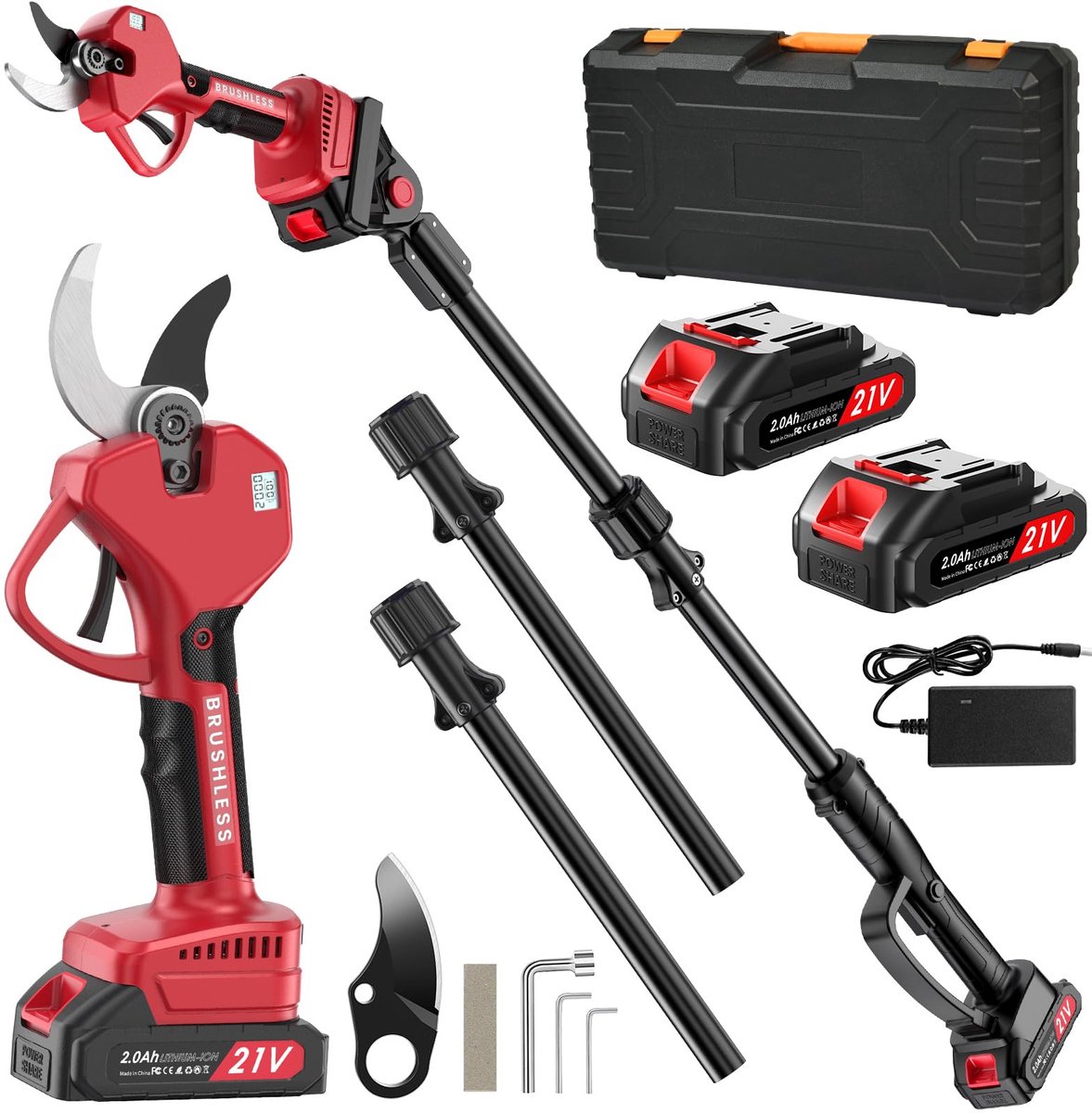 SnelShoppen - Elektrische Snoeischaar met Opbouwbare Steel 2 m, 21V Accu, 40-50 mm Snijdikte, Draagbare Snoeischaren met Display voor Tuin, Boomgaard,