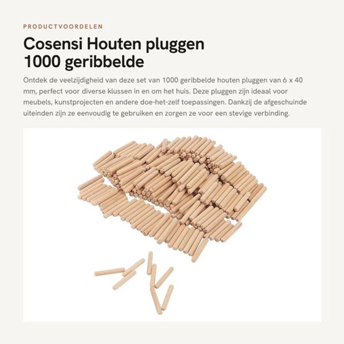 Houten Pluggen Set van 1000 - 6 x 40 mm - Geribbelde Pluggen - Afgeschuinde Uiteinden - Voor Meubels - Kunstprojecten - Houtverbinding