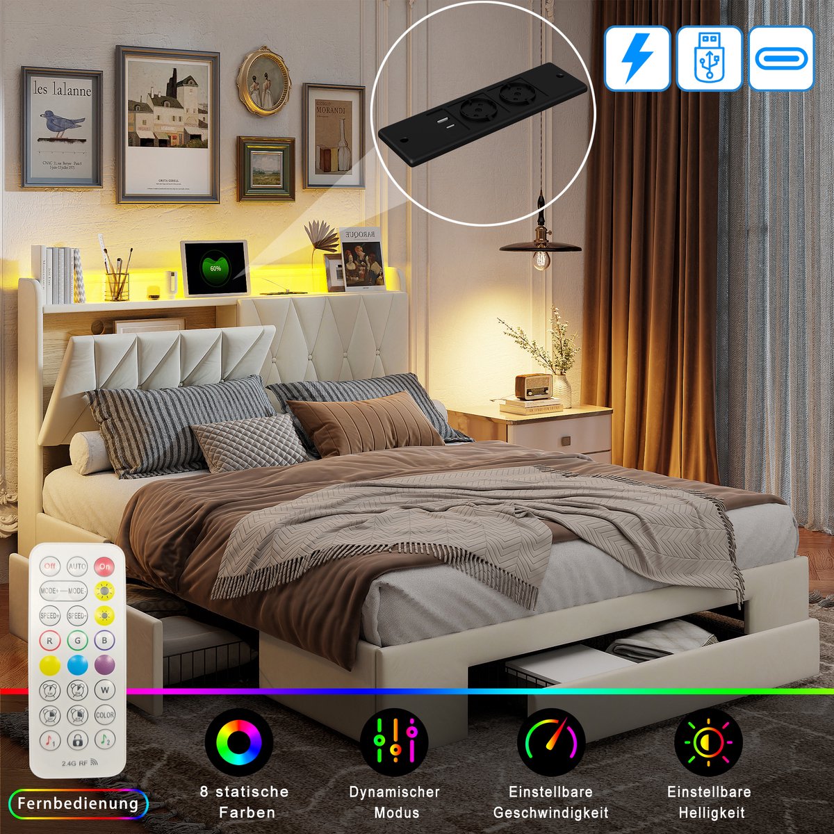 Tweepersoonsbed 160x200 cm, volwassen bed met led verlichting en opbergruimte, gestoffeerd opbergbed met 3 lades en opklapbaar hoofdbord, fluwelen bed beige, zonder matras