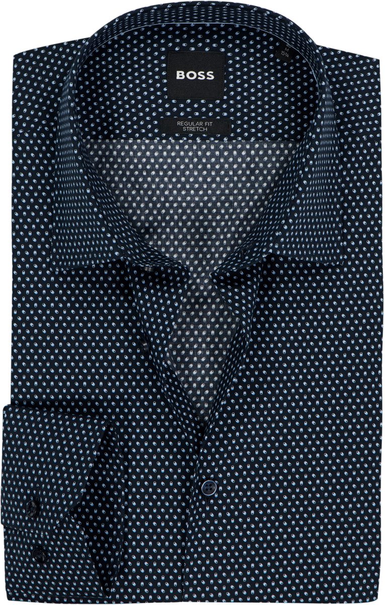 BOSS Joe regular fit overhemd - popeline - donkerblauw mini dessin - Strijkvriendelijk - Boordmaat: 46 (EU maat: XXL)