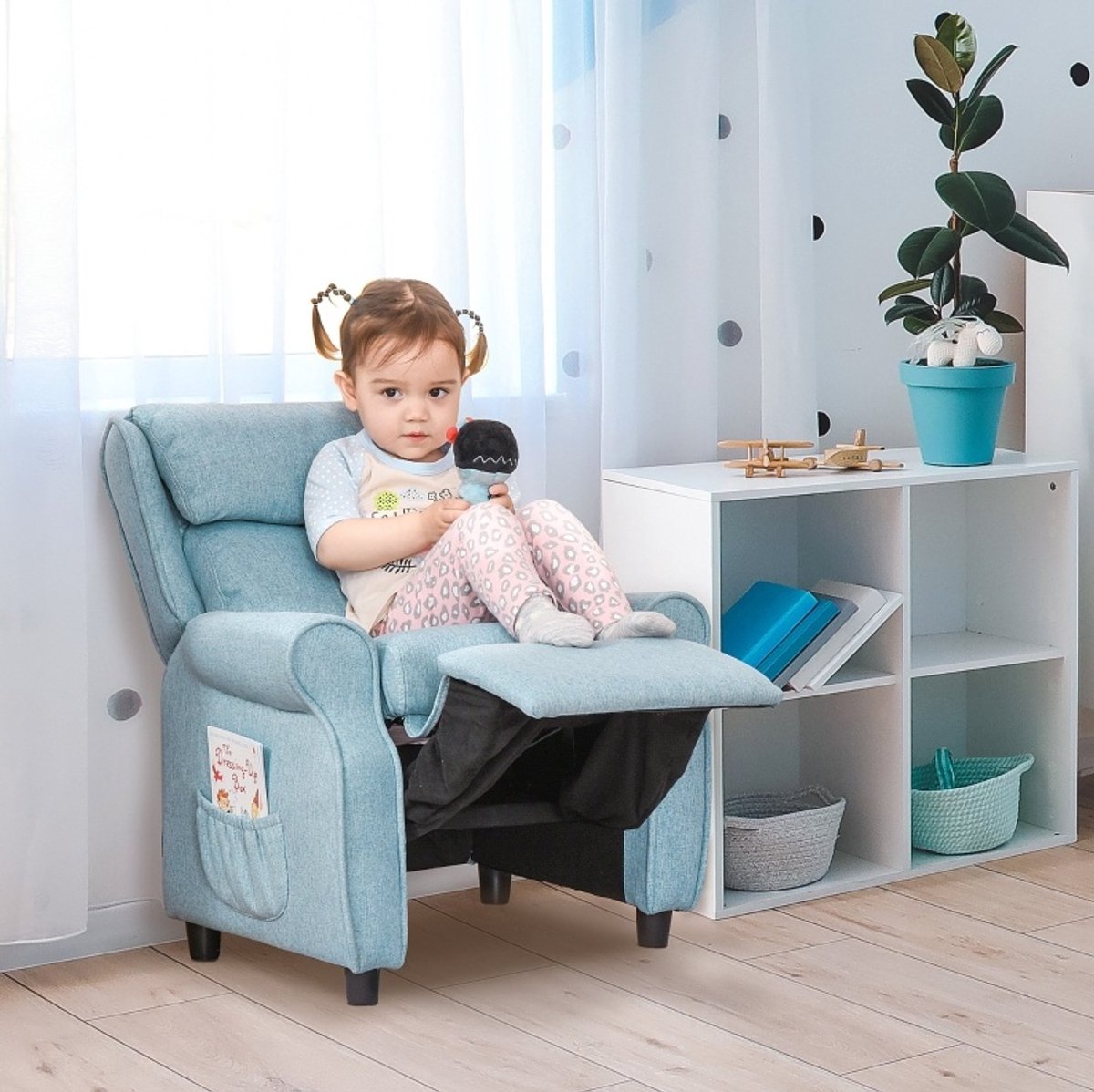 REDOM - Kindersofa - Verstelbare rugleuning en voetensteun - Armleuningen - Stof - Kinderkamer - Hout en kunststof - Blauw - 58 x 53 x 70 cm