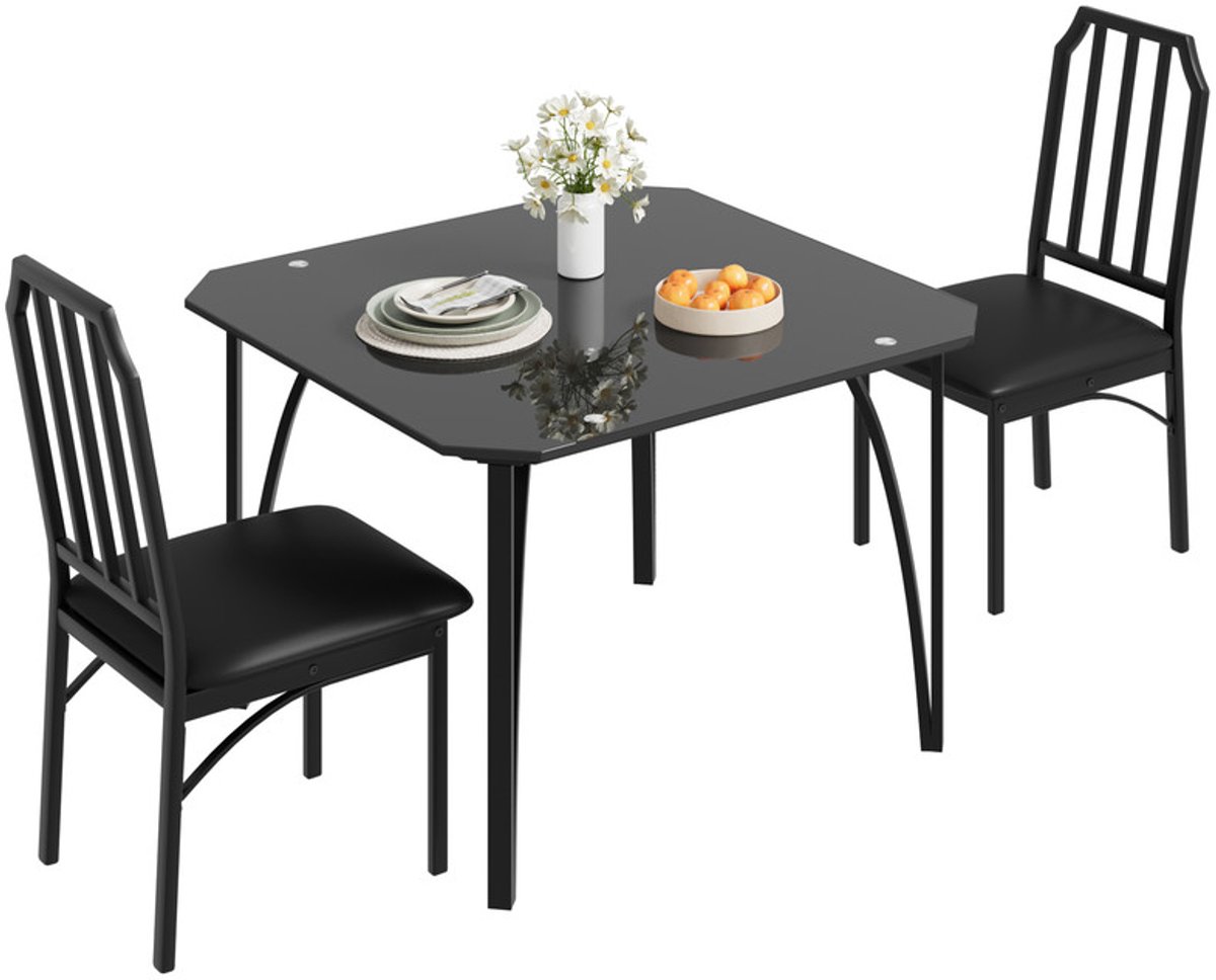 Triumpunpre Eetkamerset 3-delig – 1x Eettafel met Zwart Glazen Blad + 2x Gestoffeerde Eetkamerstoelen – Modern Hoekig Design – Compacte Eethoek voor 2 Personen – Geschikt voor Keuken, Eetkamer en Woonkamer