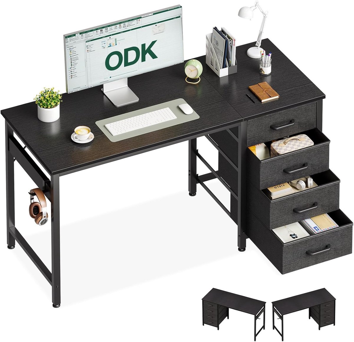 SnelShoppen - ODK Bureau met 4 Laden 120 x 48 x 75,7 cm - Omkeerbare Computertafel met Hoofdtelefoonhouder - Houten PC-tafel voor Thuiswerk - Zwart